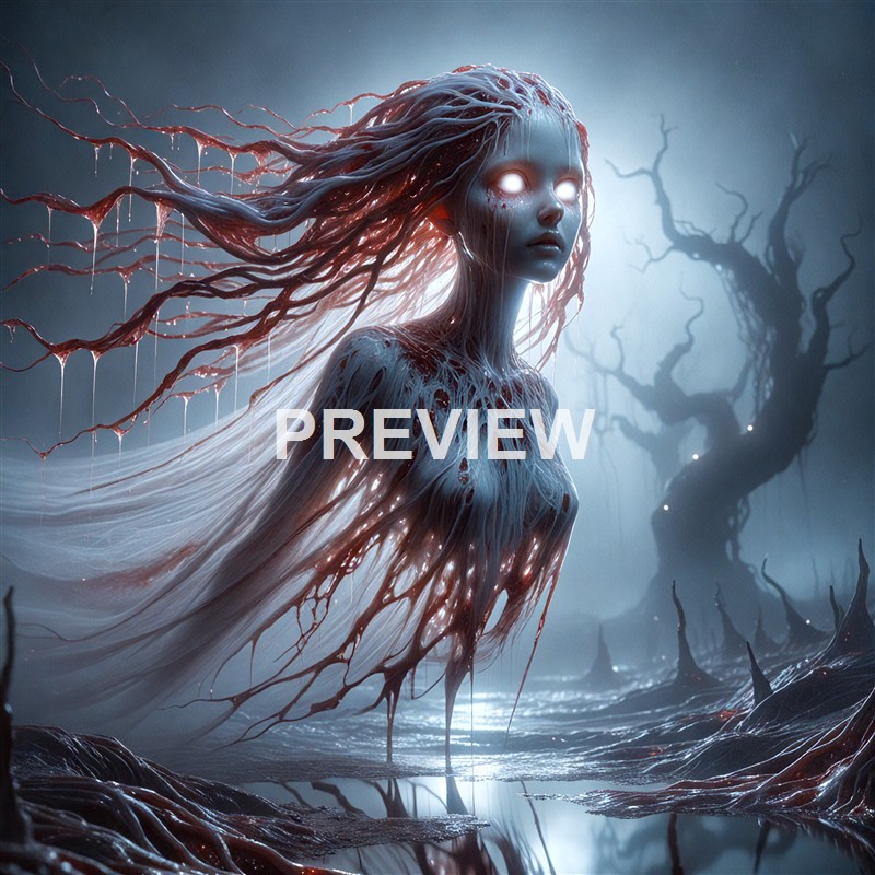 A surreal, ethereal female figure with glowing eyes and flowing hair that resembles tree branches, set against a dark, misty landscape with twisted, barren trees.